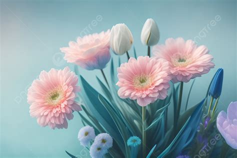 Beautiful Flowers On A Pastel Blue Background Romantic Aesthetic Natural Concept, Flower, Pastel ...