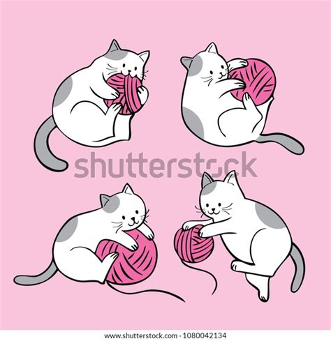 Cartoon Cute Actions Cat Playing Yarn Stock Vector (Royalty Free ...