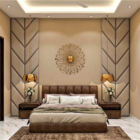 Compact Master Bedroom Design With Brown Accent Wall And Gold Decor ...