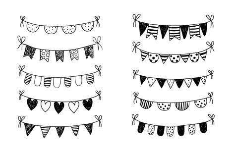 Black and white doodle bunting clipart, Hand drawn birthday banner clip art By Pravokrugulnik ...