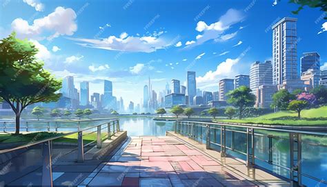 Premium Photo | Anime scenery of a city with a view of the city and the city in the background.