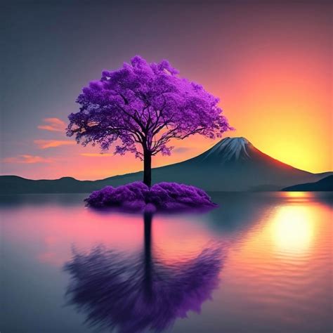 Premium AI Image | A purple sunset over a lake surrounded by trees