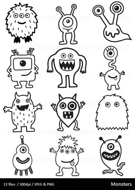 Monsters Clipart, Black and White, Monster Clip Art, Halloween, Boys,monster,cute, Hand Drawn ...