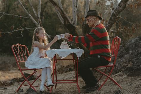 Local photographer, Jacob Haber, takes photos of Freddy Krueger and daughter having a tea party ...