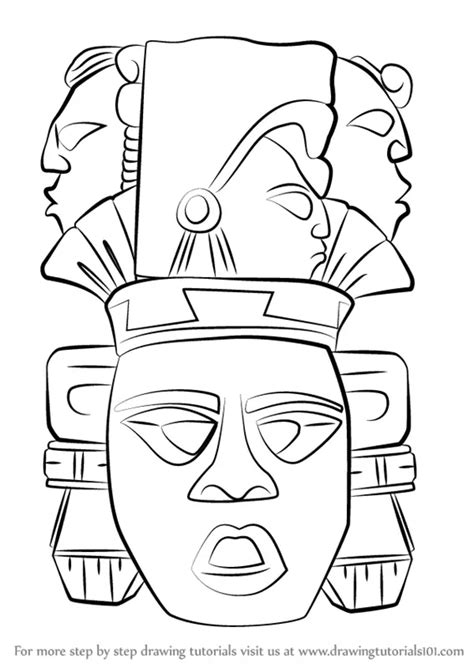 Learn How to Draw Indian Mayan Aztec Mask (Masks) Step by Step : Drawing Tutorials