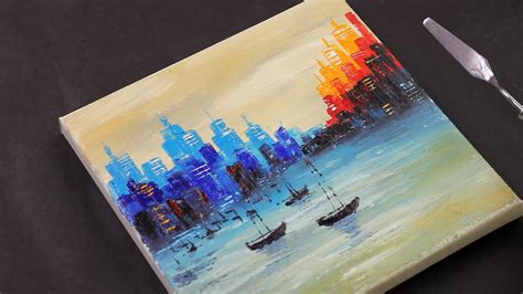 Abstract Cityscape Painting / Acrylic coastal city painting tutorial / Day #309 - YouTube