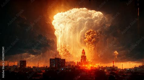 Epic Nuclear Explosion Above City Apocalyptic Sky Spectacular Art Illustration. Nuclear War ...