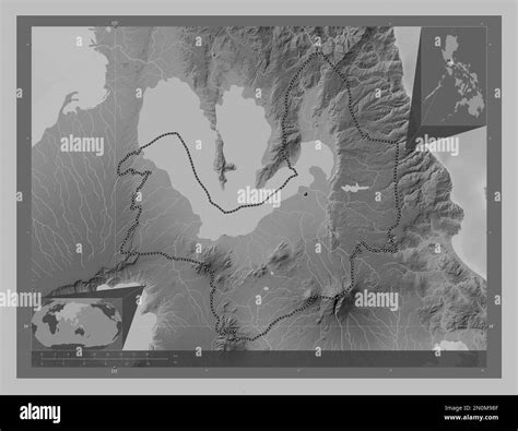 Laguna, province of Philippines. Grayscale elevation map with lakes and rivers. Corner auxiliary ...