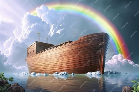 Premium AI Image | Noah's Ark in the water and rainbow in the background AI