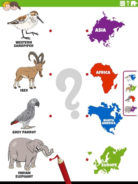 Premium Vector | Educational matching task with cartoon animals and continents