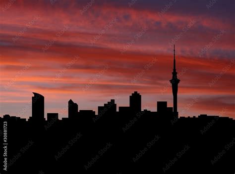 Auckland skyline at sunset with beautiful sky illustration Stock ...