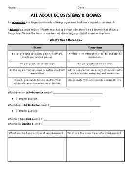 Ecosystems and Biomes Worksheet by Kelsey Dang | TPT