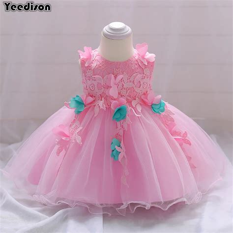 2018 Baby Dress Toddler Girl Christening Gown Pink Flower Princess 1st ...