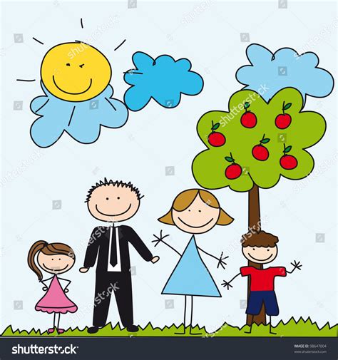 Family Drawing Over Cute Landscape Background: vector de stock (libre de regalías) 98647004 ...