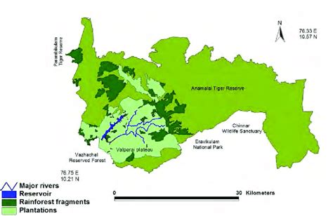 Map of Valparai plateau (light green) with rainforest fragments (dark... | Download Scientific ...