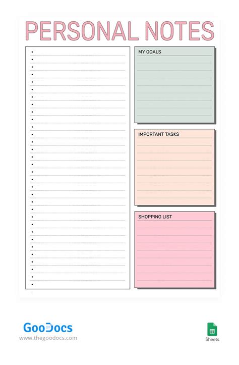 Colorful Personal Notes Template In Google Sheets