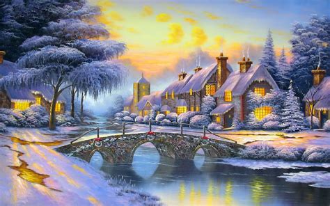 Winter Landscape Art Houses River Bridge Snow : Wallpapers13.com