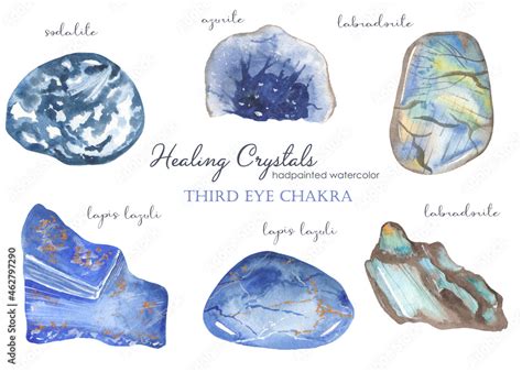 Watercolor set of healing crystals of the third eye chakra sodalite ...