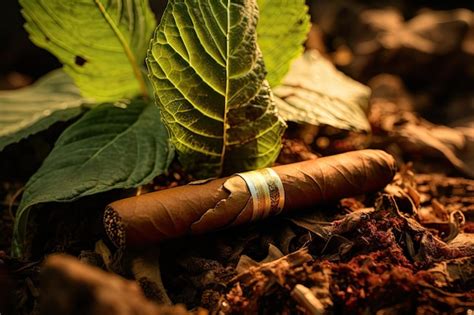 Premium AI Image | Cigar shown against tobacco leaves in close up