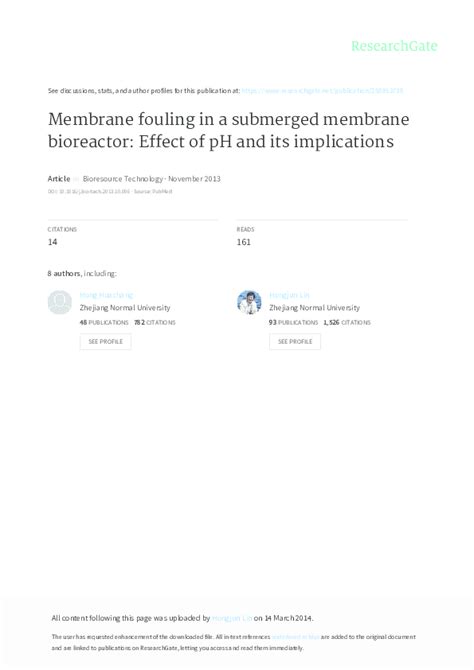 (PDF) Membrane fouling in a submerged membrane bioreactor: Effect of pH ...