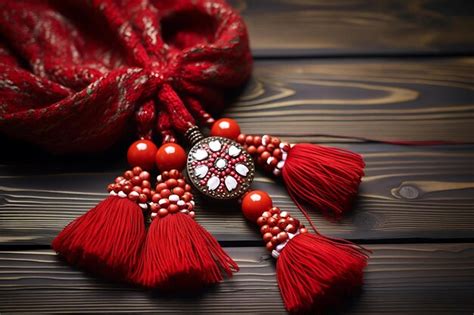 Premium AI Image | A martisor of flowers with wool pompoms on a rustic wooden background