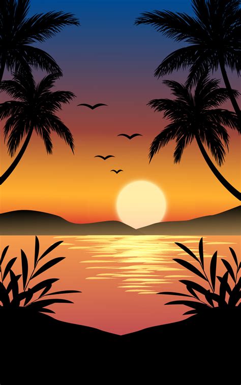 Sunset landscape with palm trees in silhouette 6326641 Vector Art at Vecteezy