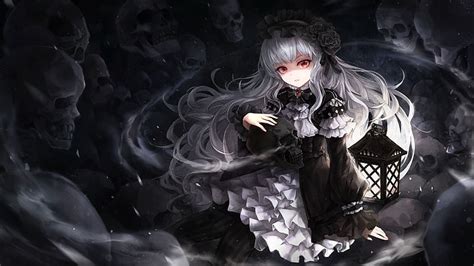 HD wallpaper: gothic anime girl, skulls, white hair, dress, lantern, red eyes | Wallpaper Flare