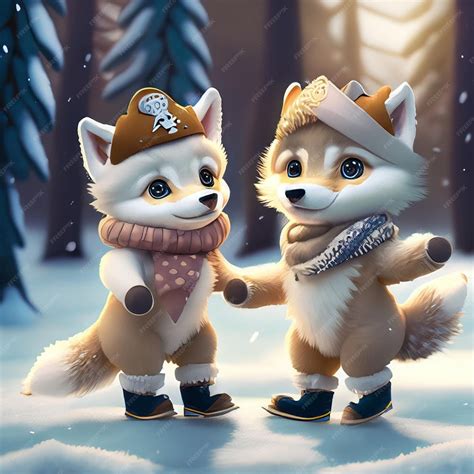 Premium AI Image | cute adorable two baby fox dancing in the snow in ...