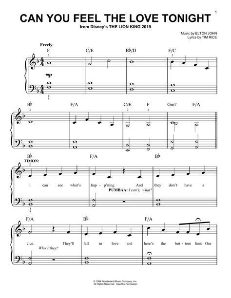 Elton John "Can You Feel The Love Tonight (from The Lion King 2019)" Sheet Music Notes ...