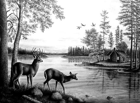 deers near the lake 50x70 landscape drawing by yilmazgunes93 on DeviantArt | Landscape drawings ...