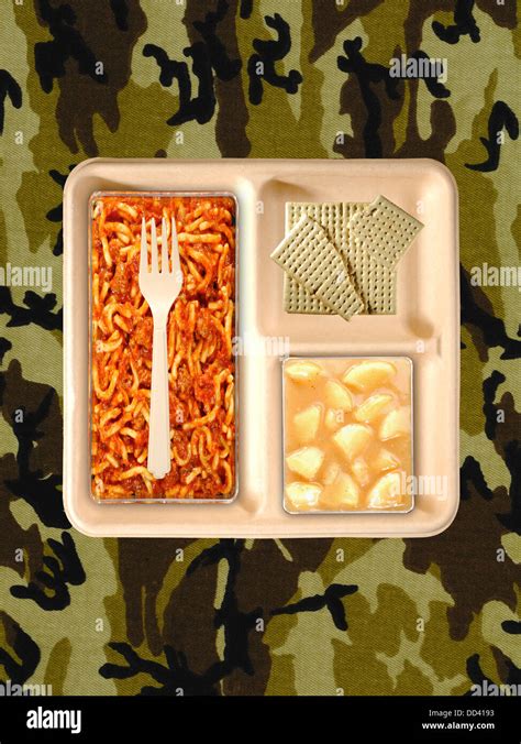 Military food rations or MRE Meals Ready to Eat on a camouflaged ...