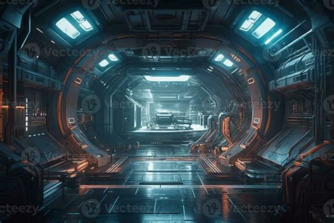 Concept art illustration of scifi futuristic interior of space station ...