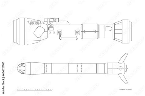 Outline rocket launcher side view. Contour antitank rifle blueprint. Isolated missile weapon ...