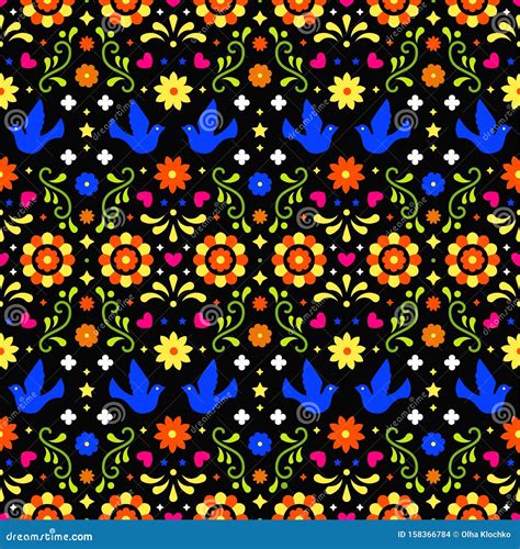 Mexican Folk Art Seamless Pattern with Flowers, Leaves and Birds on ...