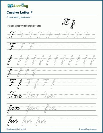 Cursive writing: Letter F worksheets | K5 Learning