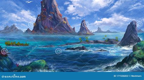 Sea Island, Mountain. Fantasy Backdrop. Concept Art Stock Illustration - Illustration of design ...