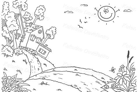 Cartoon illustration countryside landscape with hills and houses