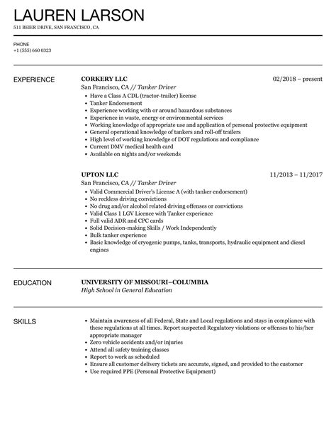 Tanker Driver Resume Samples | Velvet Jobs