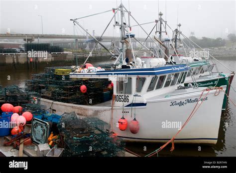 Lobster fishing boats and traps at dock in the Port of Saint John on a foggy summer morning ...