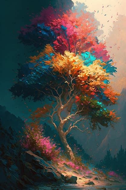 Premium AI Image | A painting of a tree with a rainbow of colors.