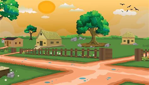 Village cartoon background illustration morning background with sun, four houses trees, and ...