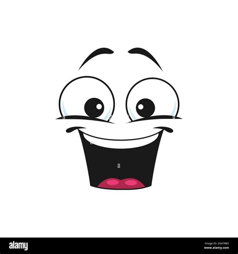 Happy cartoon face with wide smile, excited facial emoji. Funny vector emotion. Comic face with ...