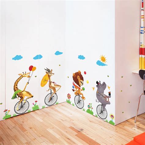 Cartoon Animals Circus Acrobatics Wheelbarrow Show Wall Stickers For Kids Rooms Home Decor PVC ...