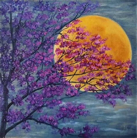 Cherry Blossom Painting Full Moon Art Original Artwork Sakura | Etsy