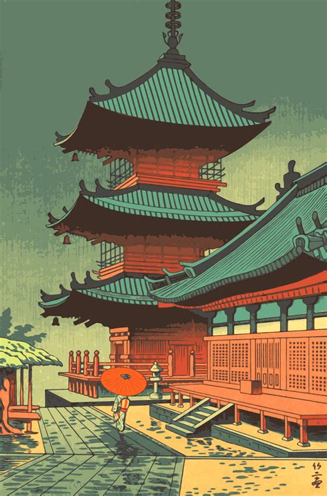 Rain in Kiyomizu Temple - Asano Takeji | Japanese woodblock printing, Japanese art prints ...