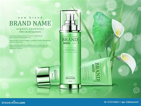 Organic Cosmetics Skin Care Products. Realistic Advertisement Poster with Flowers on Green ...