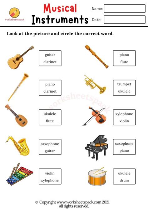 Musical instruments worksheets - Printable and Online Worksheets Pack