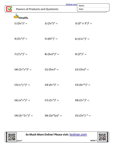 Powers of Products and Quotients worksheets