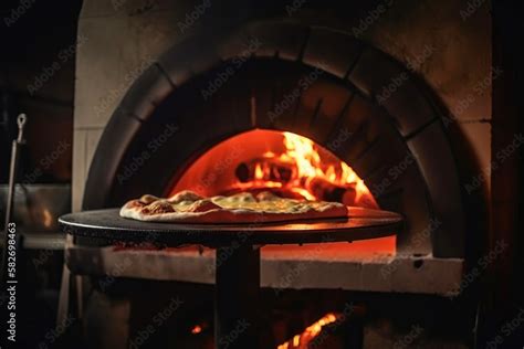 Cooking italian pizza in a wood-fired stone oven. Created with ...