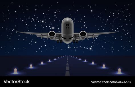 Take off airplane in the night sky end dark runway